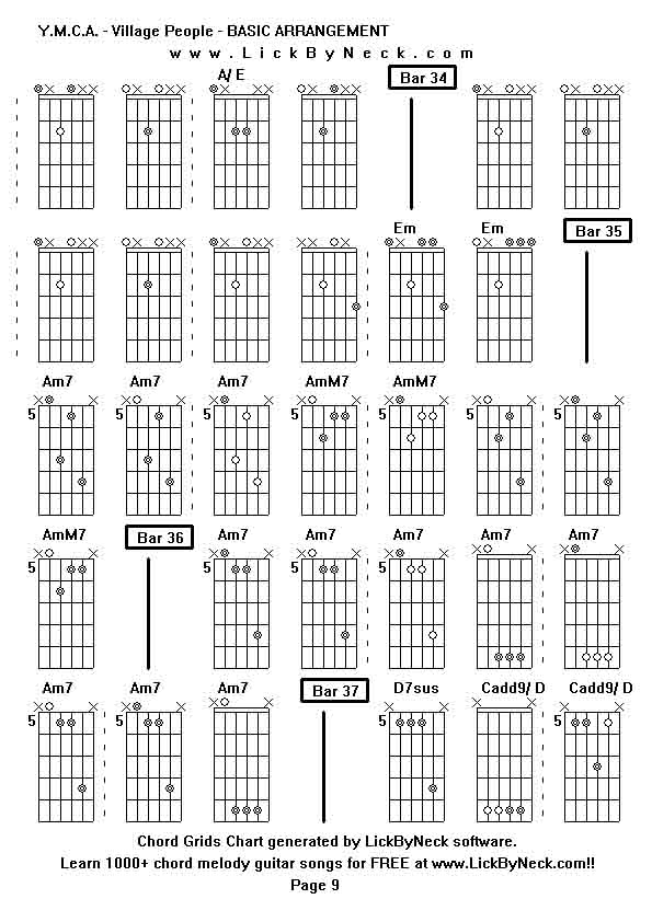 Chord Grids Chart of chord melody fingerstyle guitar song-Y M C A - Village People - BASIC ARRANGEMENT,generated by LickByNeck software.